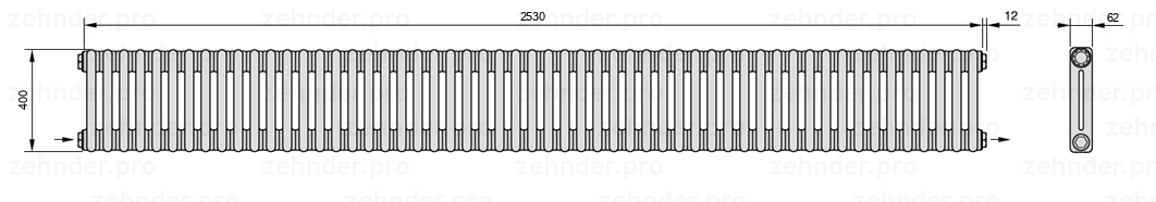 Схема (чертеж) Радиатор Zehnder Charleston 2040/55 №2670 Белый глянцевый RAL 9016